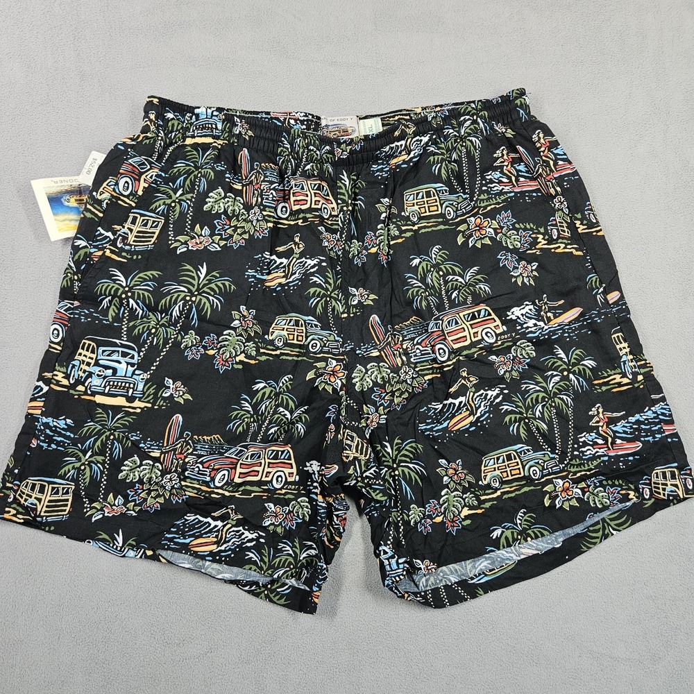 Reyn Spooner Swim Trunks Mens XL Rayon Black Retro Cars Tropical Hawaiian